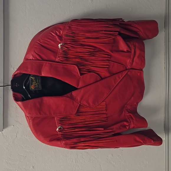 Womens Red Leather Jacket with Fringe - Picture 1 of 5